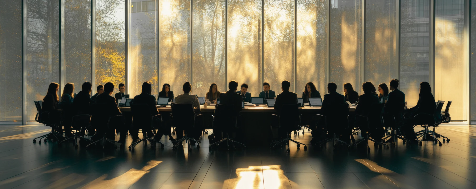 Grande table de réunion dans une salle vitrée, évoquant les délibérations d’un conseil d’administration.